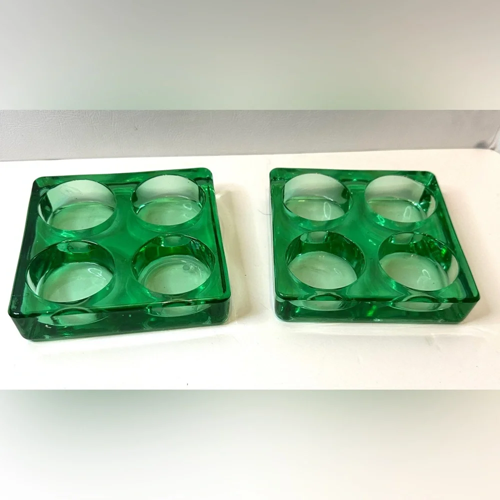 Set of 2 Vintage Blenko Style Square Green Glass Cube Tea Light Candle Holders